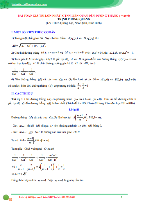 Bài toán tìm giá trị lớn nhất, nhỏ nhất liên quan đến đường thẳng y = ax + b